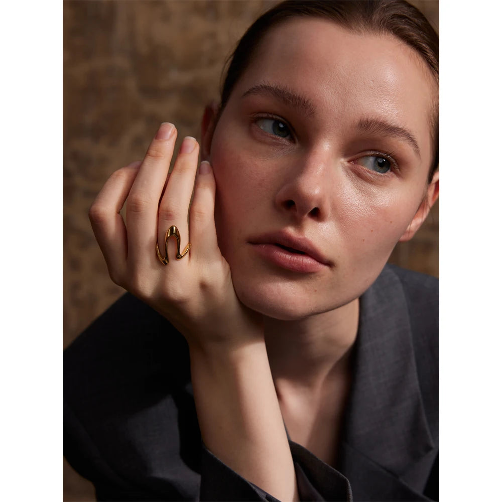 Yhpup Rust Proof Stainless Steel Metal U Shape Fashion Minimalist Adjustable Ring Fashion Jewelry Accessories Real Gold Plated