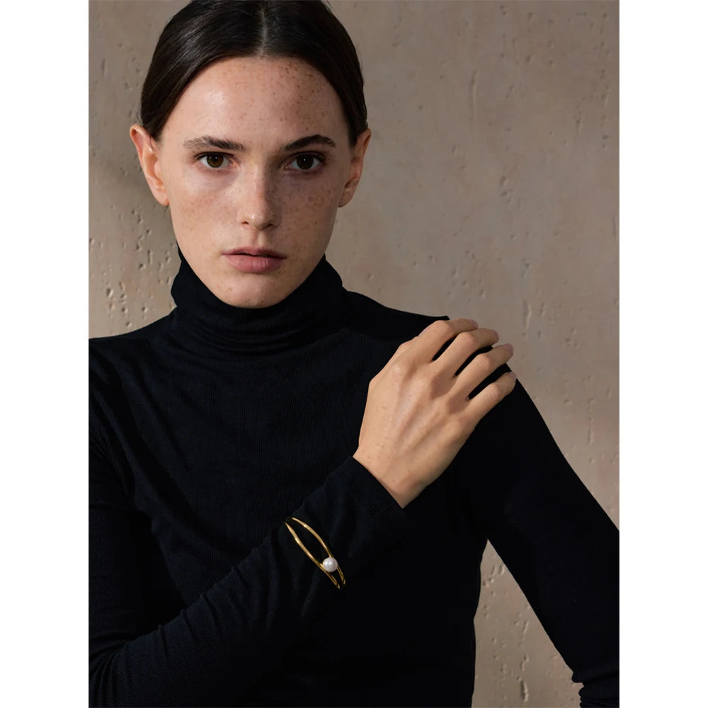 Yhpup New Stainless Steel Smooth Pearl Hollow Open Stylish Bracelet Bangle Minimalist Charm Fashion Wrist Jewelry for Women