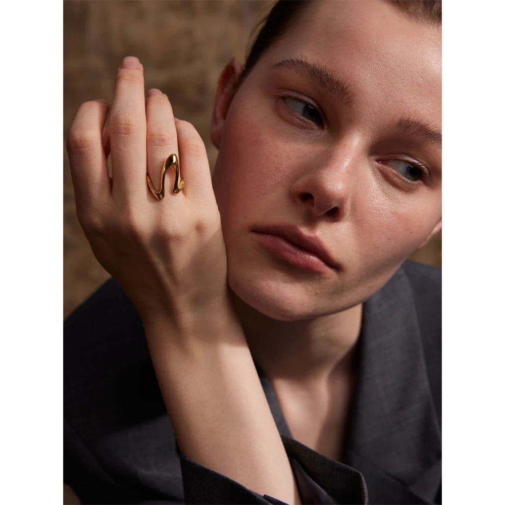 Yhpup Rust Proof Stainless Steel Metal U Shape Fashion Minimalist Adjustable Ring Fashion Jewelry Accessories Real Gold Plated