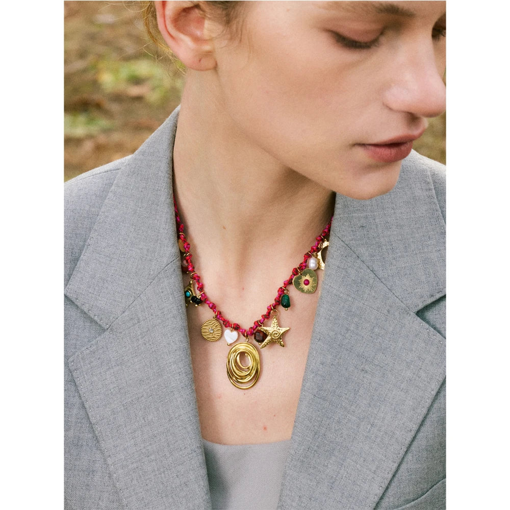 Yhpup Fashion Rope Braided Handmade Necklace Drop Natural Stone Moon Star Stainless Steel Accessories Popular Jewelry