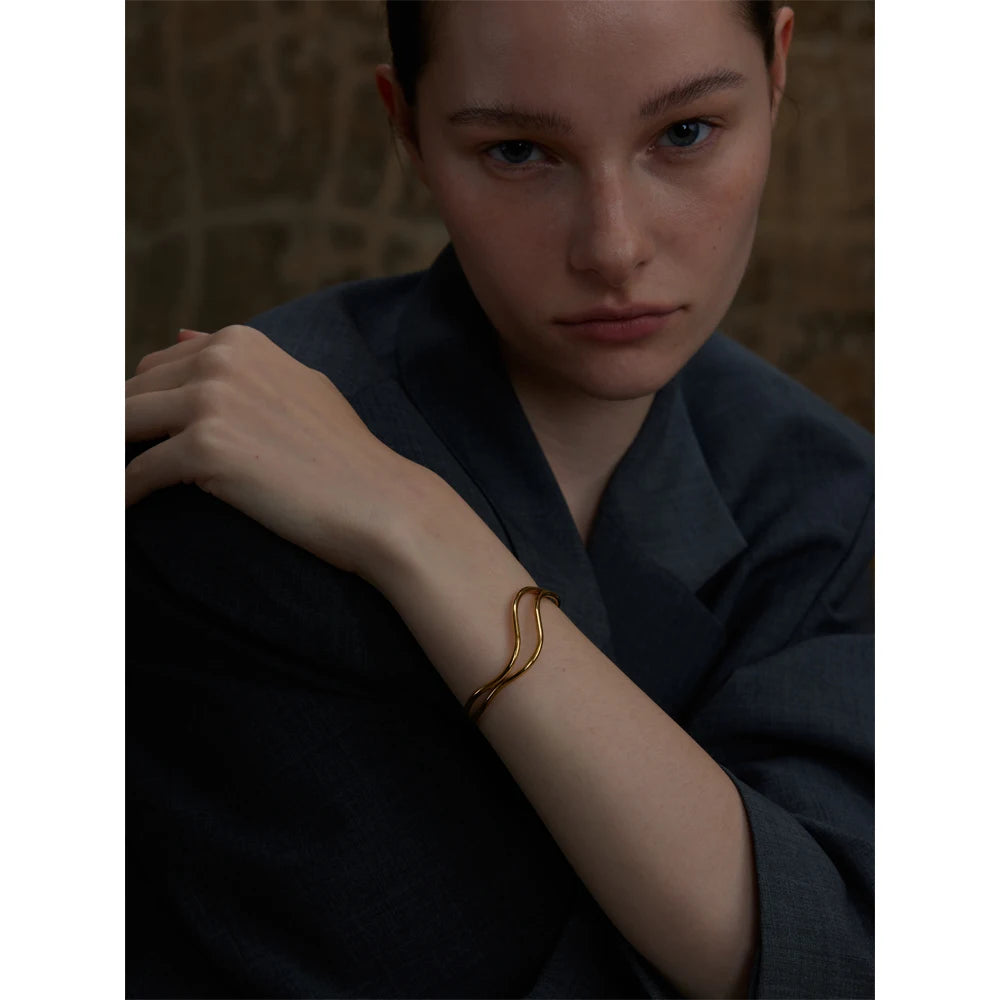 Yhpup New Unique Stainless Steel Double Layer Hollow Adjustable Cuff Bracelet Bangle Minimalistic Wrist Charm Jewelry Gift