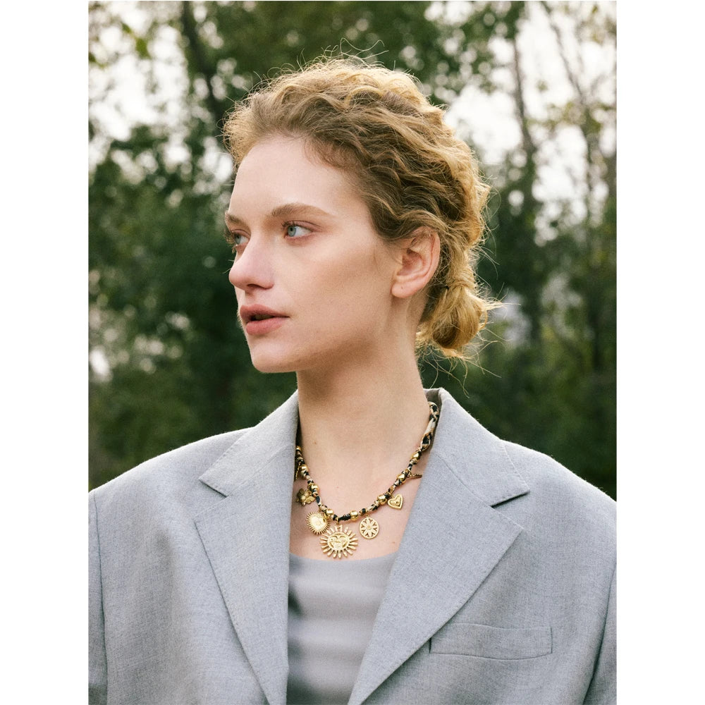 Yhpup Popular Stainless Steel Leopard Polyester Sun Flower Heart Insect Drop Collar Necklace 18K PVD Plated Fashion Jewelry Gift