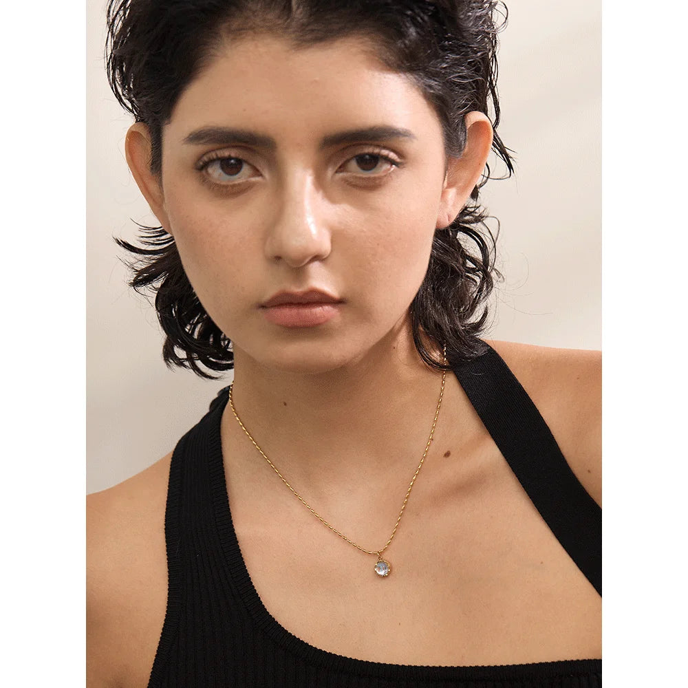Yhpup Stainless Steel Exquisite Moonlight Stone Drop Necklace for Women High Quality Chic Chain Charm Jewelry Gift Waterproof