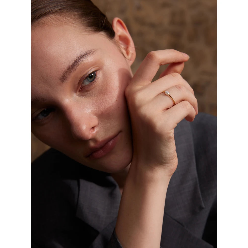 Yhpup Trendy Stainless Steel Natural Pearl Thin Finger Ring for Women Summer Versatile Daily Jewelry Accessories Gift