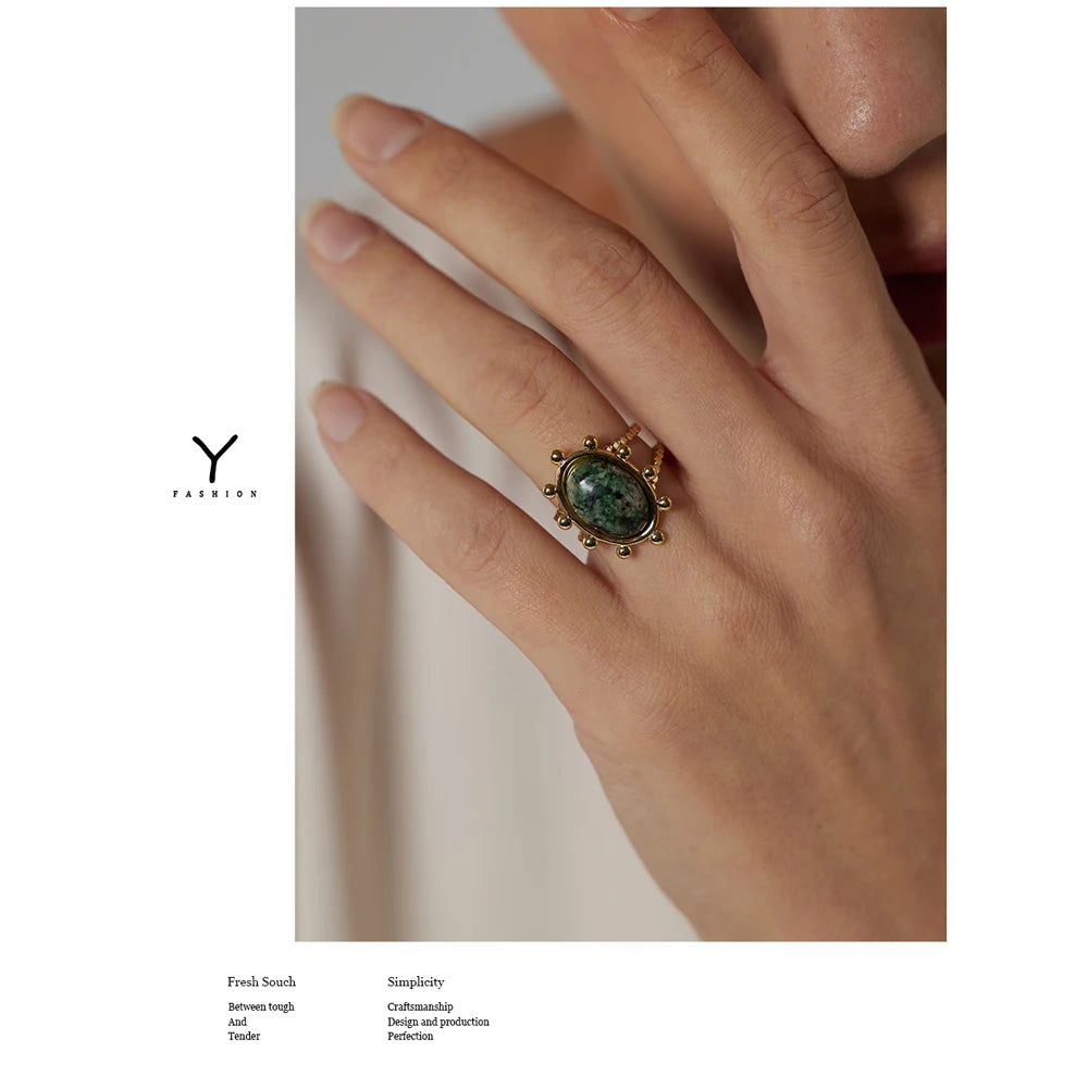 Yhpup Stainless Steel Green African Turquoise Stone Ring for Women Fashion Ring Waterproof Jewelry Bijoux Femme Party Gift