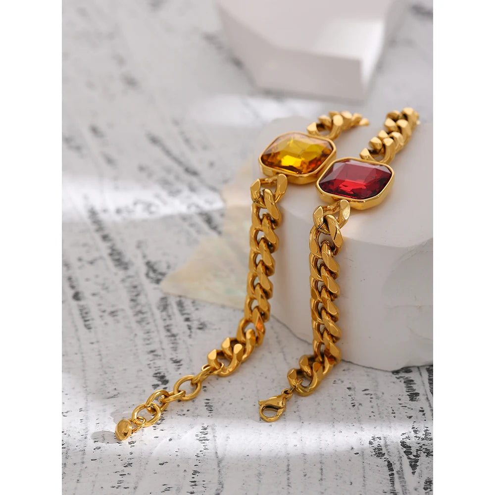 Yhpup Stainless Steel Red Cubic Zirconia Chain Bangle Bracelet for Women Heavy Metal Golden 18 K Bracelet Bijoux Femme Gift