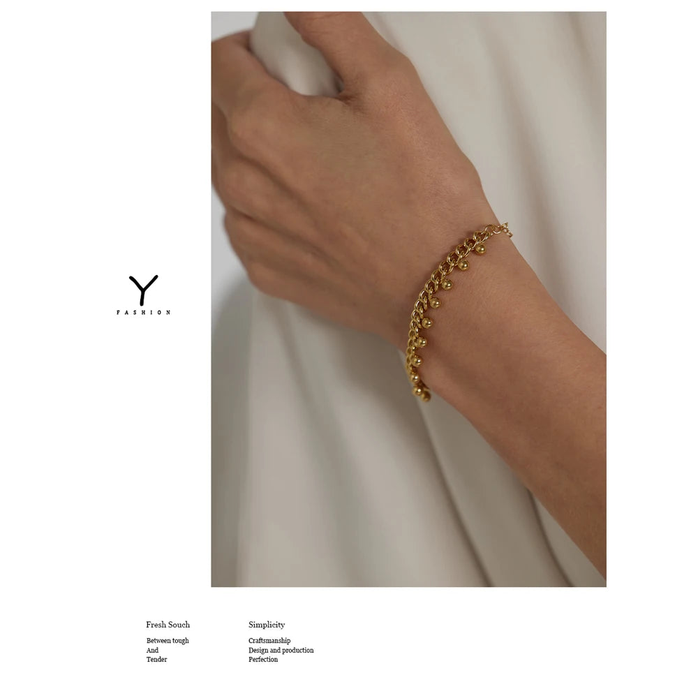 Yhpup 316L Stainless Steel Bead Bracelet for Women Gold Color Metal Trendy 18K Bangle Waterproof Jewelry браслеты женские