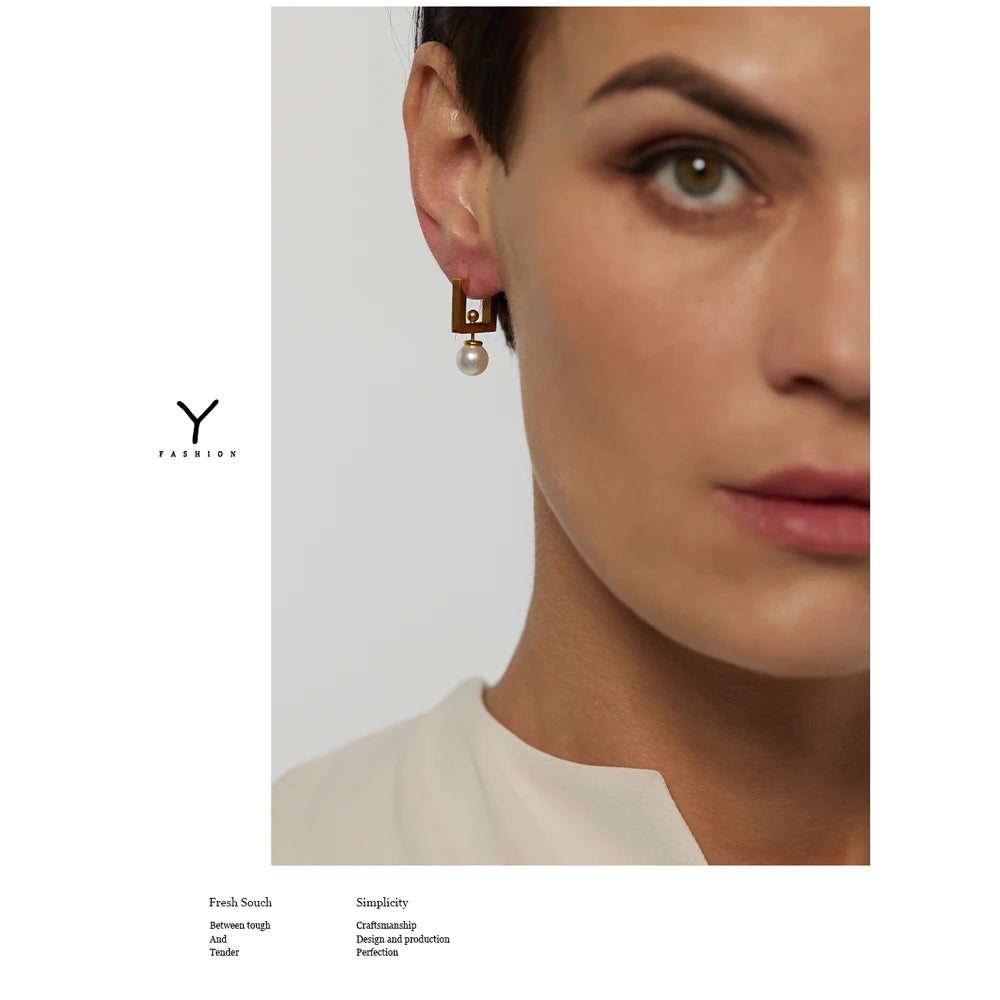 Yhpup 316L Stainless Steel Square Hoop Earrings Elegant Imitation Pearls Women Jewelry Trendy Metal 18 K Unusual Earrings Gift