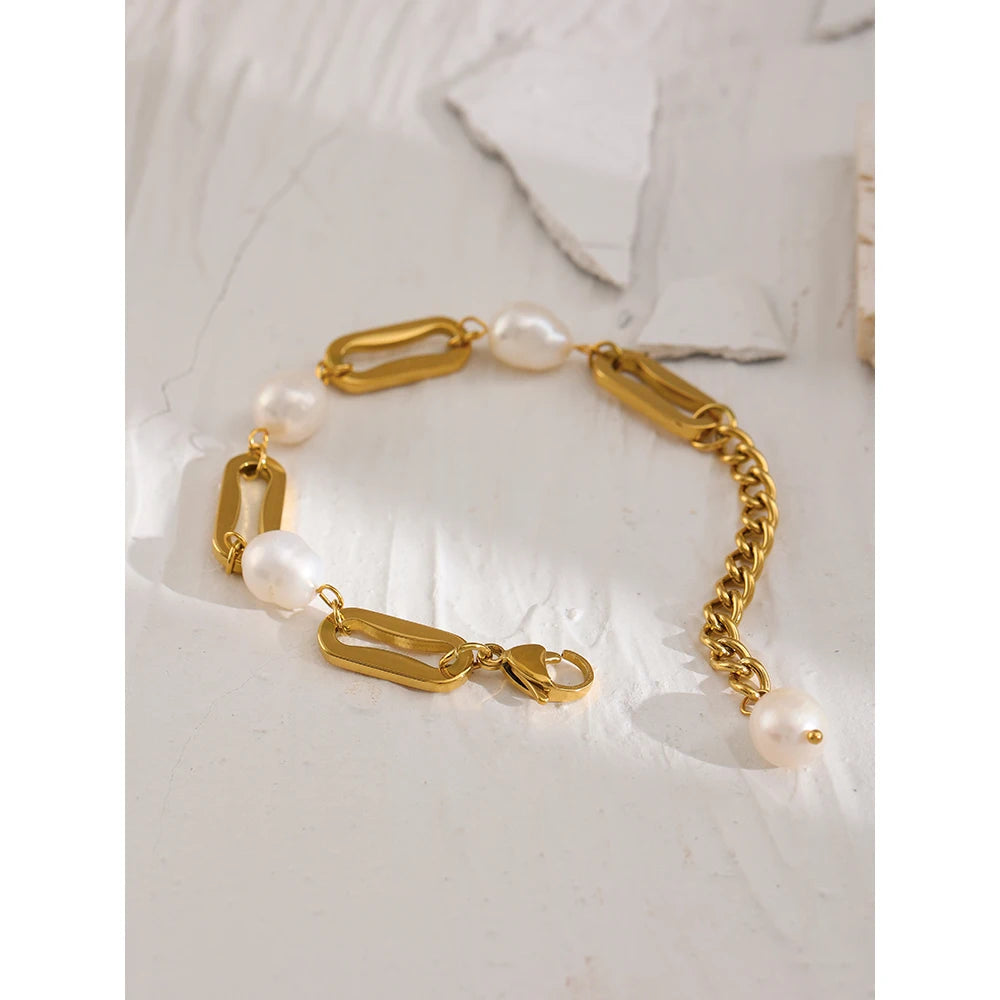 Yhpup Stainless Steel Chain Bracelet Elegant Natural Pearl Jewelry Metal Waterproof браслеты женские Accessories Girls Gift