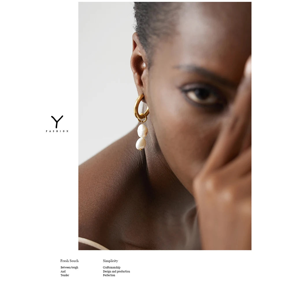 Yhpup Stainless Steel Natural Pearl Hoop Earrings Charm Metal Texture Geometric Fashion Jewelry украшения бижутерия Gift