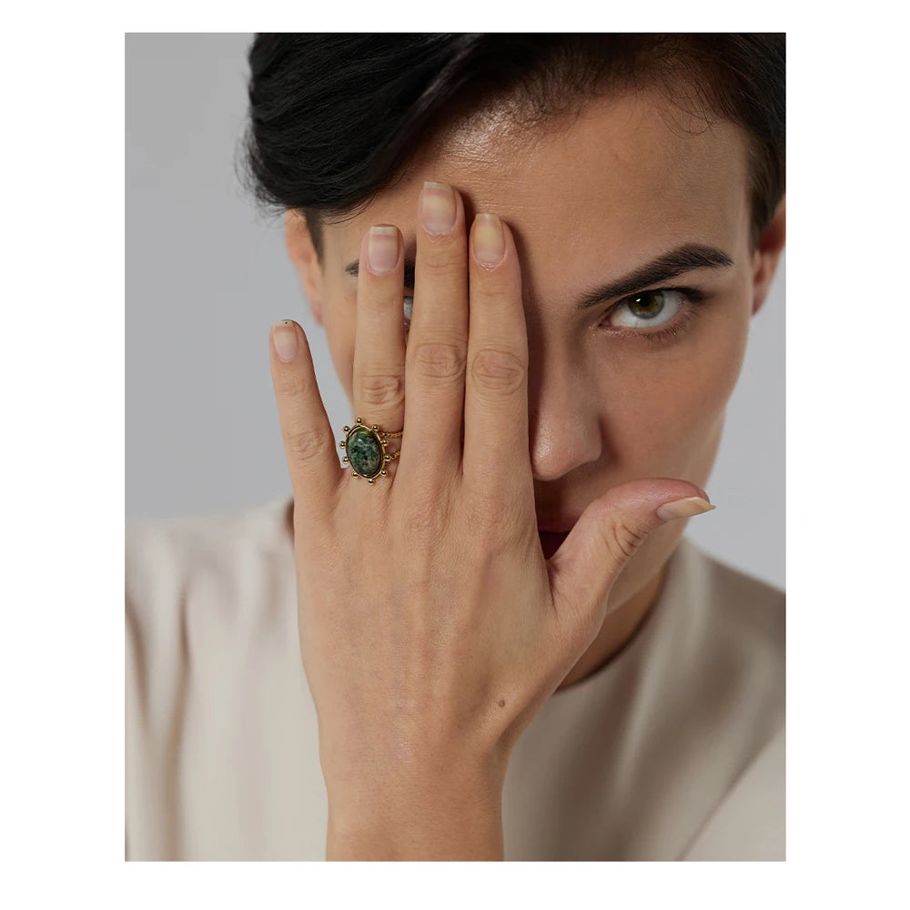 Yhpup Stainless Steel Green African Turquoise Stone Ring for Women Fashion Ring Waterproof Jewelry Bijoux Femme Party Gift