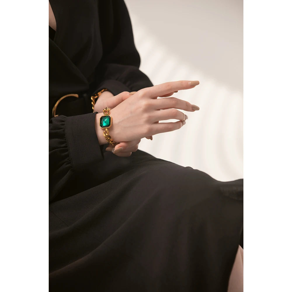 Yhpup Green Crystal Stainless Steel Gold Bracelets Bangle for Women Hip Hop Thick Chain18 K Plated Punk Fashion Bracelets New