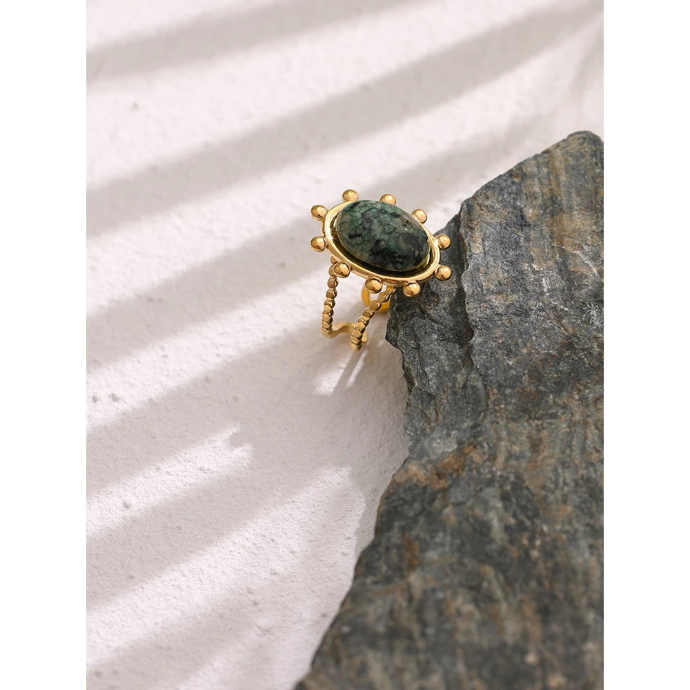 Yhpup Stainless Steel Green African Turquoise Stone Ring for Women Fashion Ring Waterproof Jewelry Bijoux Femme Party Gift