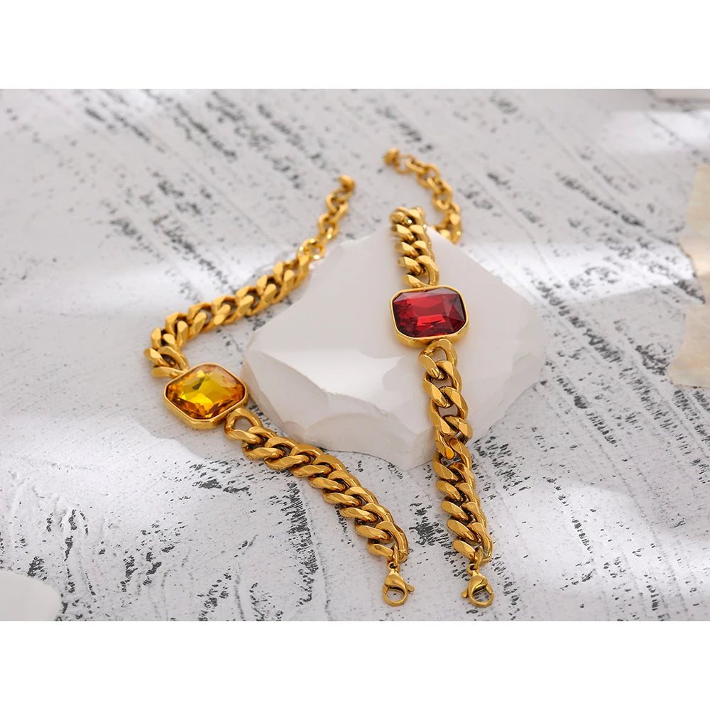 Yhpup Stainless Steel Red Cubic Zirconia Chain Bangle Bracelet for Women Heavy Metal Golden 18 K Bracelet Bijoux Femme Gift