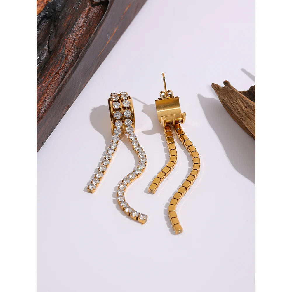 Yhpup New Cubic Zirconia Long Dangle Earrings Stainless Steel Geometric Fashion Earrings Jewelry бижутерия для женщин Party Gift