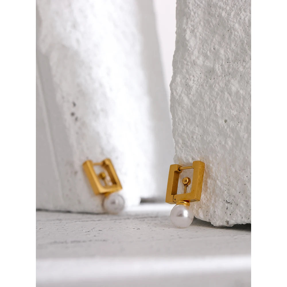 Yhpup 316L Stainless Steel Square Hoop Earrings Elegant Imitation Pearls Women Jewelry Trendy Metal 18 K Unusual Earrings Gift
