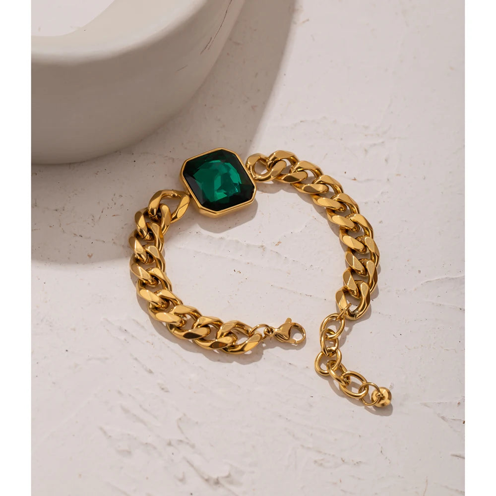 Yhpup Green Crystal Stainless Steel Gold Bracelets Bangle for Women Hip Hop Thick Chain18 K Plated Punk Fashion Bracelets New