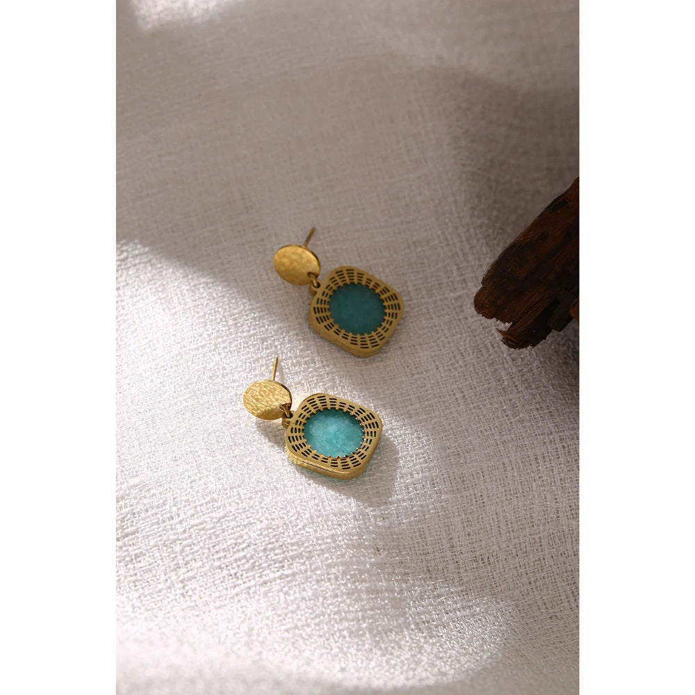 Yhpup Trendy Stainless Steel Green Natural Stone Dangle Earrings Chic 18 K Metal Square Earrings for Women Party Office Gift
