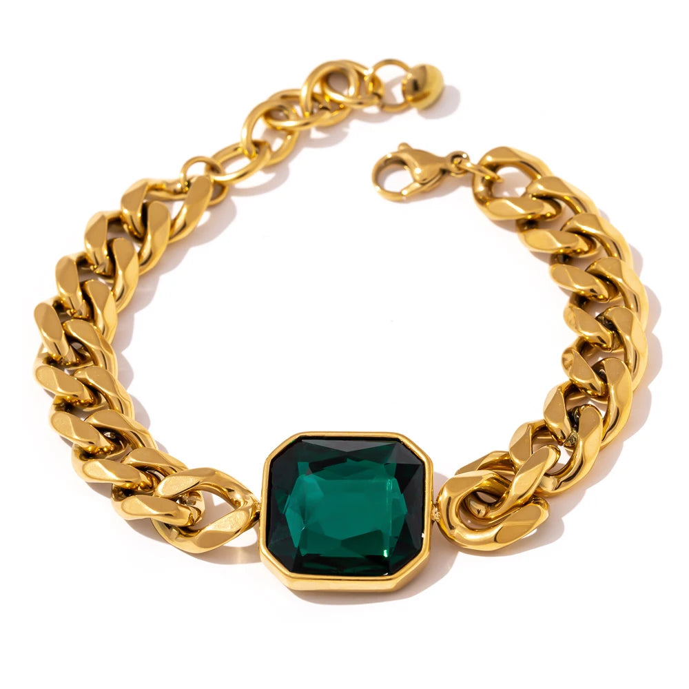 Yhpup Green Crystal Stainless Steel Gold Bracelets Bangle for Women Hip Hop Thick Chain18 K Plated Punk Fashion Bracelets New