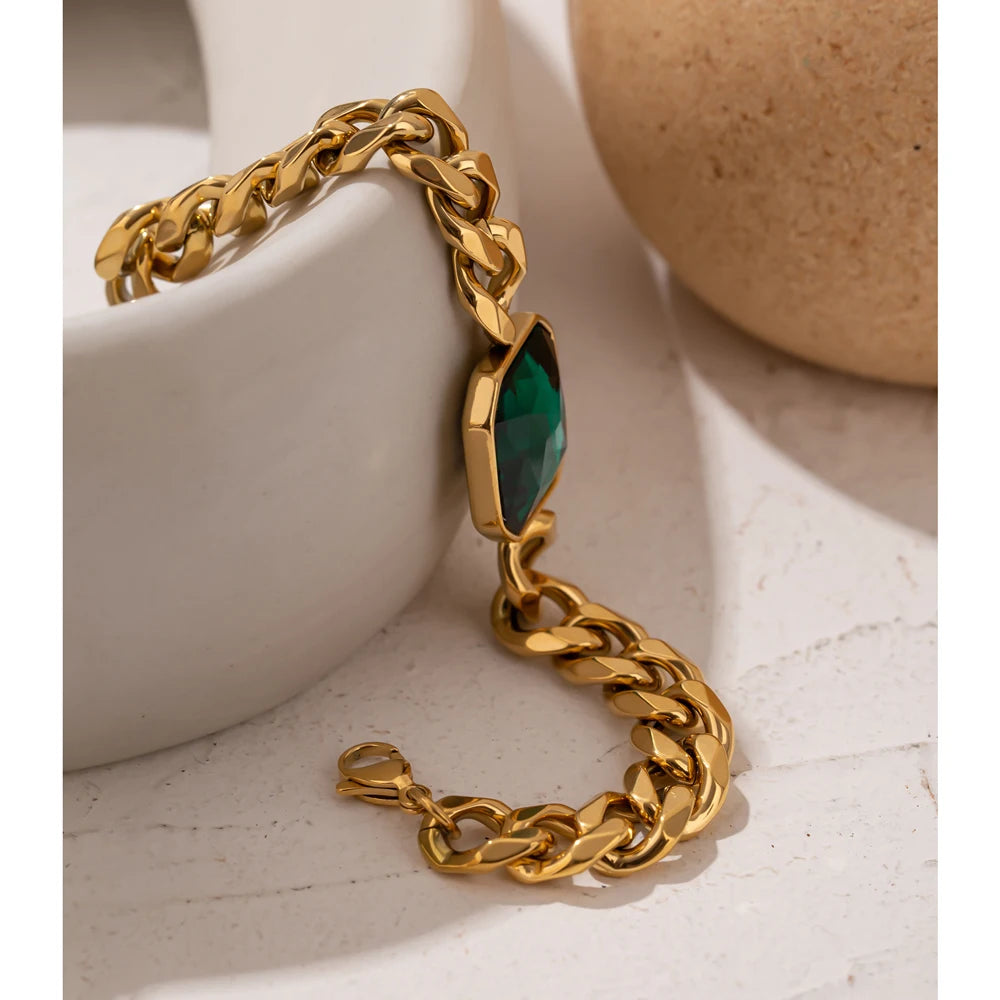 Yhpup Green Crystal Stainless Steel Gold Bracelets Bangle for Women Hip Hop Thick Chain18 K Plated Punk Fashion Bracelets New