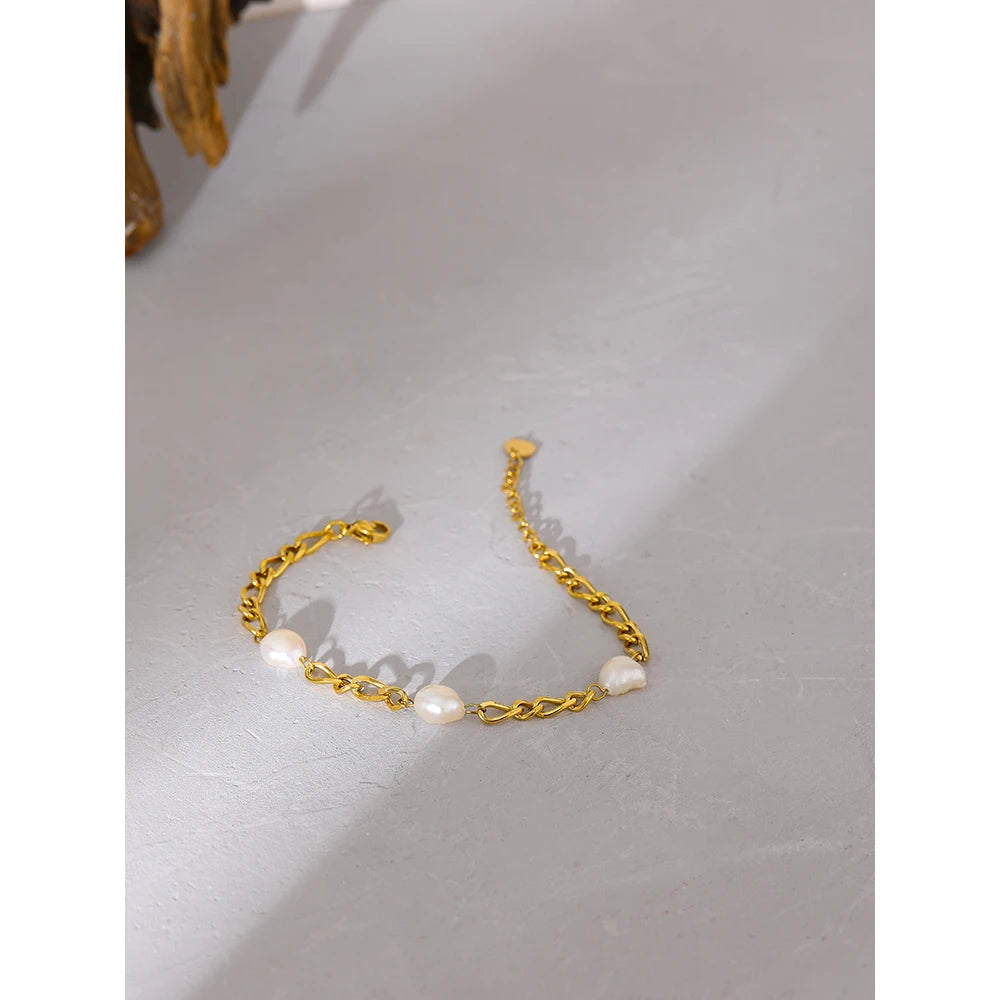 Yhpup Elegant Natural Pearl Chain Bracelet Stainless Steel Fashion Jewelry Exquisite 18 K Metal Women Accessories Waterproof