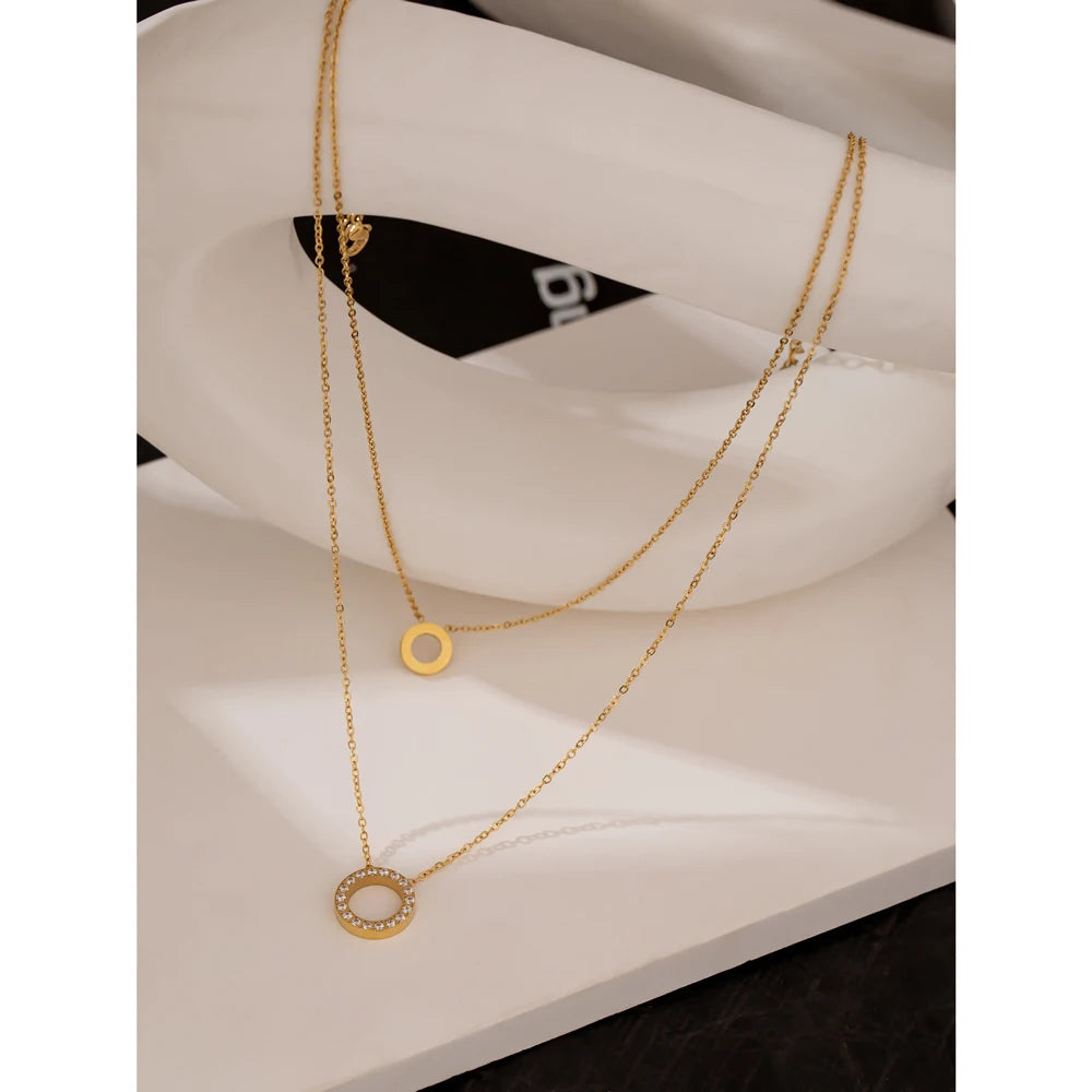 Yhpup New Stainless Steel брелок Exquisite Round Hollow Layered Chain Necklace Delicate Shiny Cubic Zirconia Choker Necklace