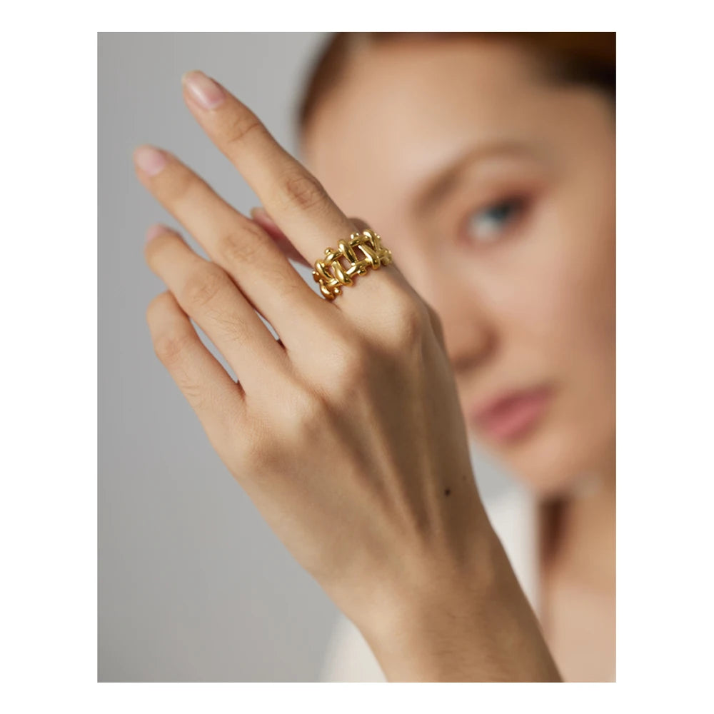 Yhpup 316L Stainless Steel Chain Ring New Statement Metal Gold 18 K Plated Trendy Waterproof Jewelry Bagues Pour Femme Girls