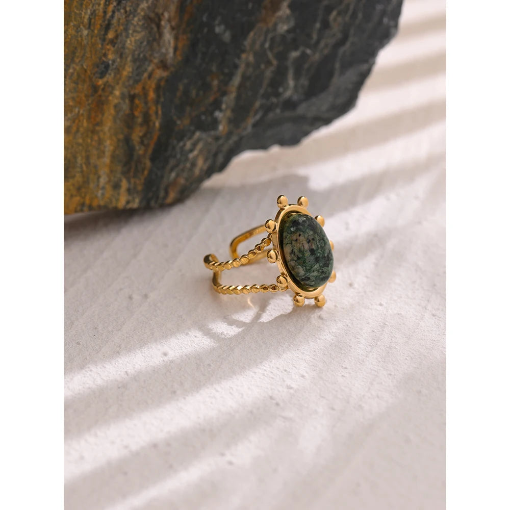 Yhpup Stainless Steel Green African Turquoise Stone Ring for Women Fashion Ring Waterproof Jewelry Bijoux Femme Party Gift
