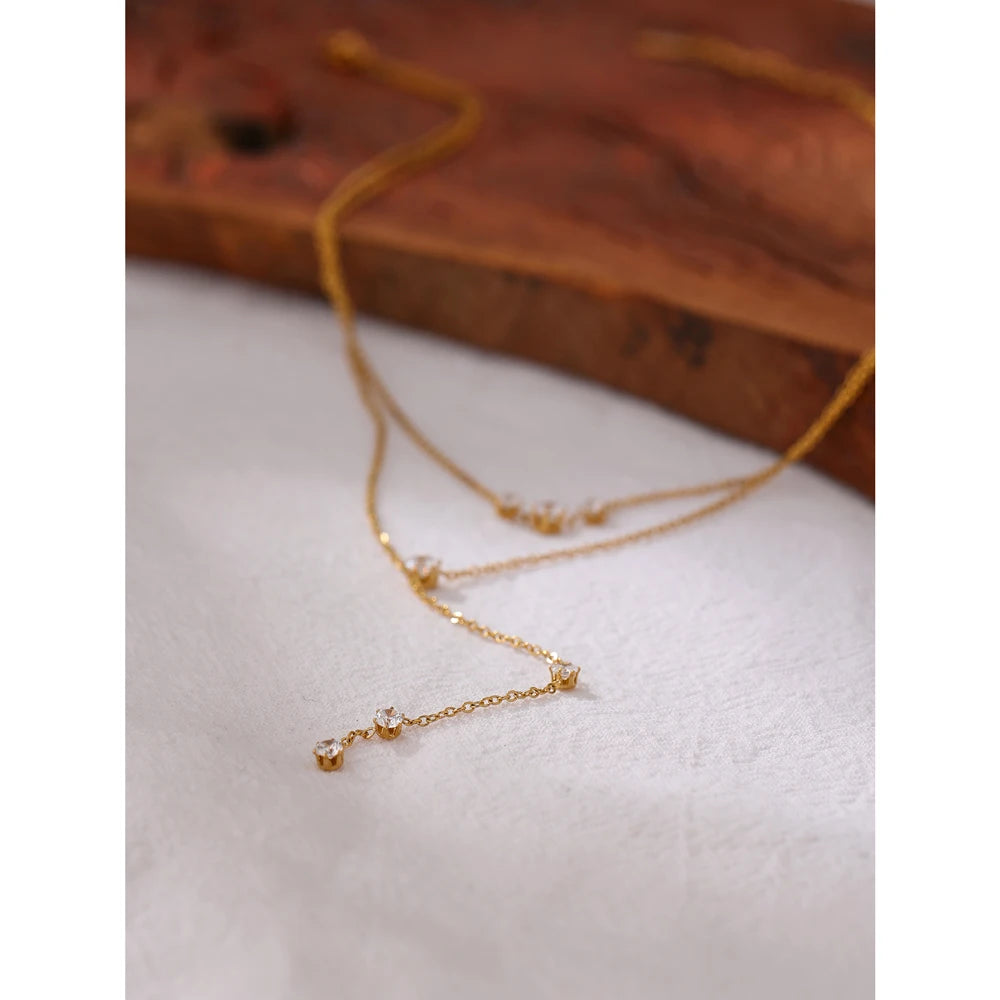Yhpup Exquisite Bling Cubic Zirconia Layered Long Pendant Necklace Women 18 K Stainless Steel Chain Choker Necklace Accessories