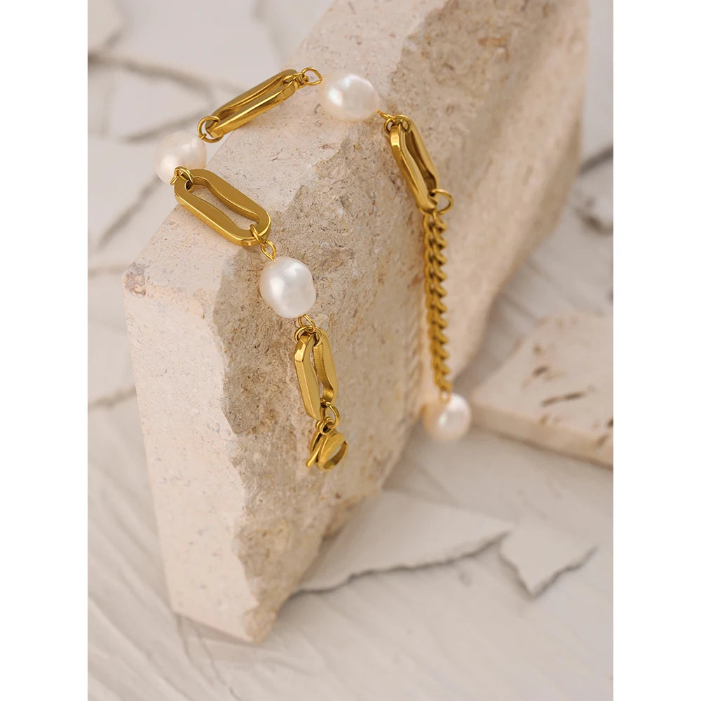Yhpup Stainless Steel Chain Bracelet Elegant Natural Pearl Jewelry Metal Waterproof браслеты женские Accessories Girls Gift