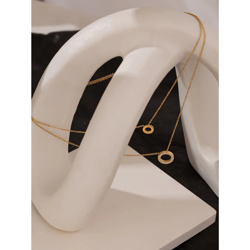Yhpup New Stainless Steel брелок Exquisite Round Hollow Layered Chain Necklace Delicate Shiny Cubic Zirconia Choker Necklace