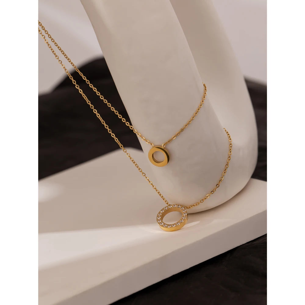 Yhpup New Stainless Steel брелок Exquisite Round Hollow Layered Chain Necklace Delicate Shiny Cubic Zirconia Choker Necklace