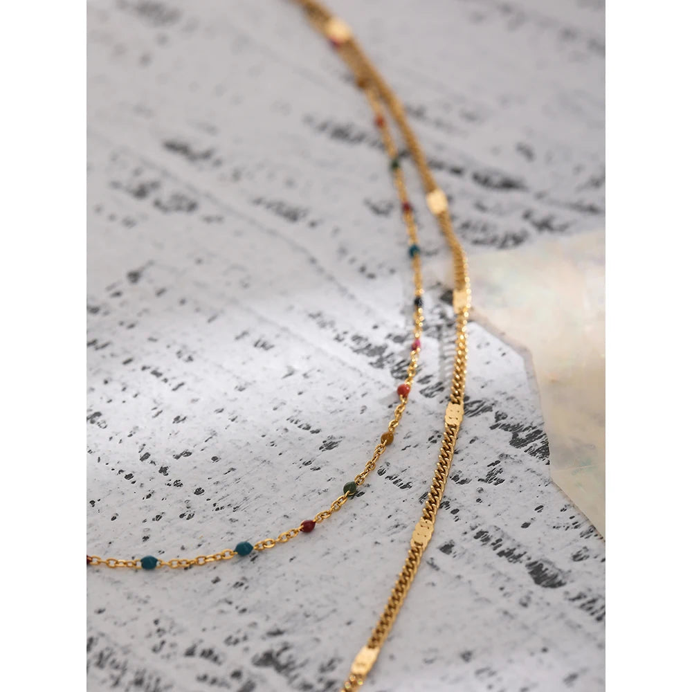 Yhpup Stainless Steel Horns Pendant Necklace Exquisite Colorful Enamel Double Layered Temperament Jewelry Collar Party Gift
