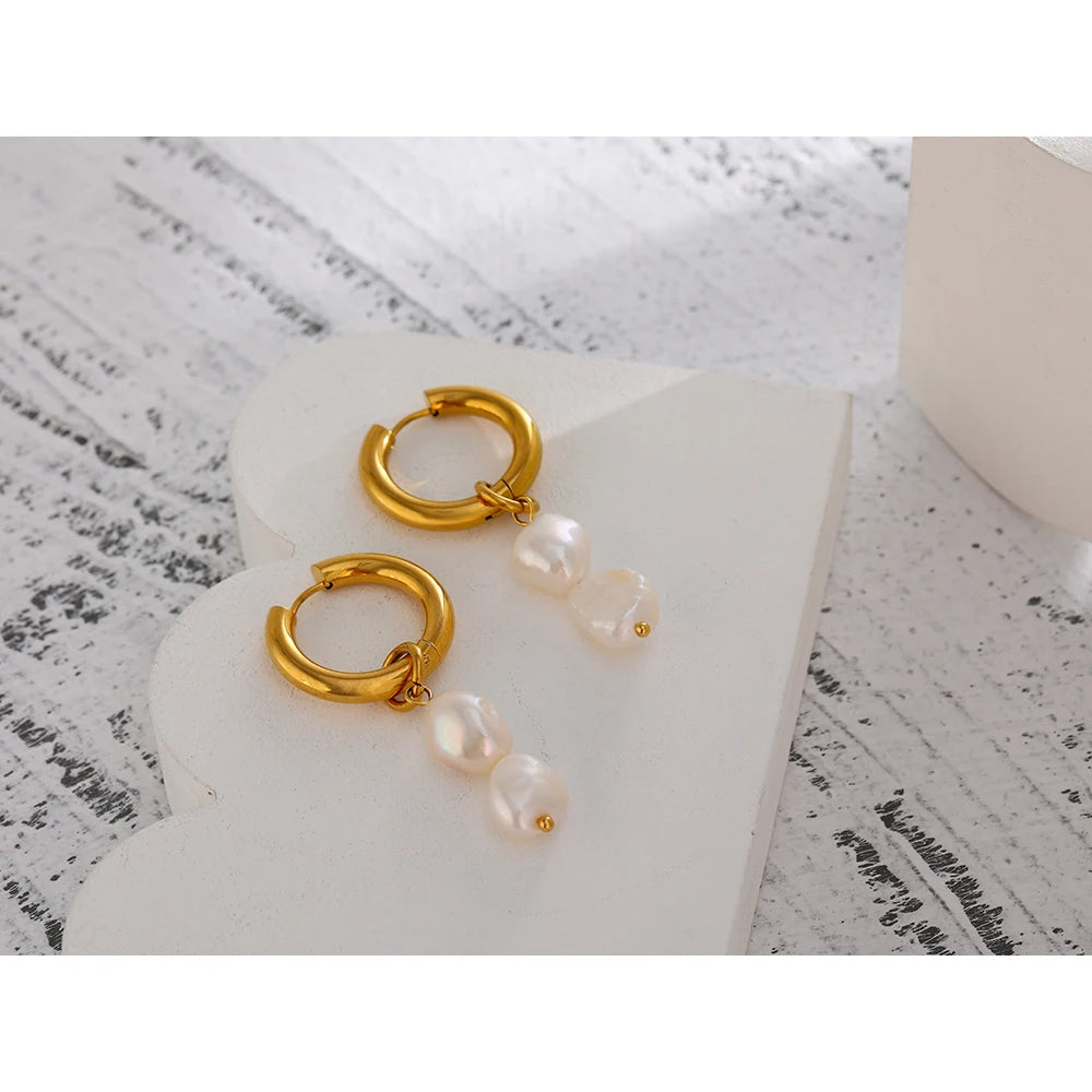 Yhpup Stainless Steel Natural Pearl Hoop Earrings Charm Metal Texture Geometric Fashion Jewelry украшения бижутерия Gift
