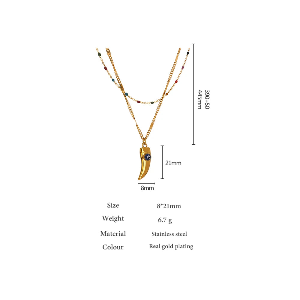 Yhpup Stainless Steel Horns Pendant Necklace Exquisite Colorful Enamel Double Layered Temperament Jewelry Collar Party Gift