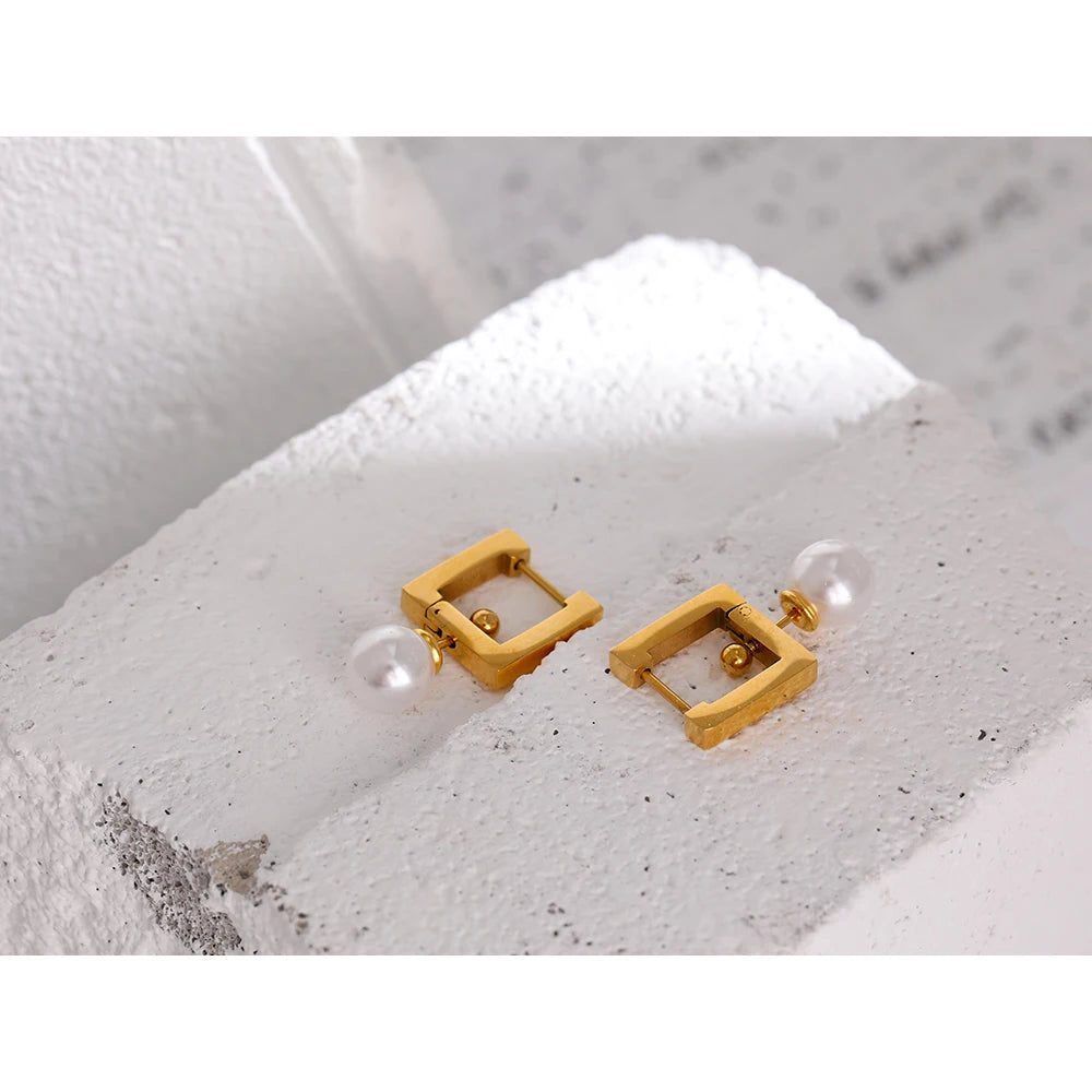 Yhpup 316L Stainless Steel Square Hoop Earrings Elegant Imitation Pearls Women Jewelry Trendy Metal 18 K Unusual Earrings Gift