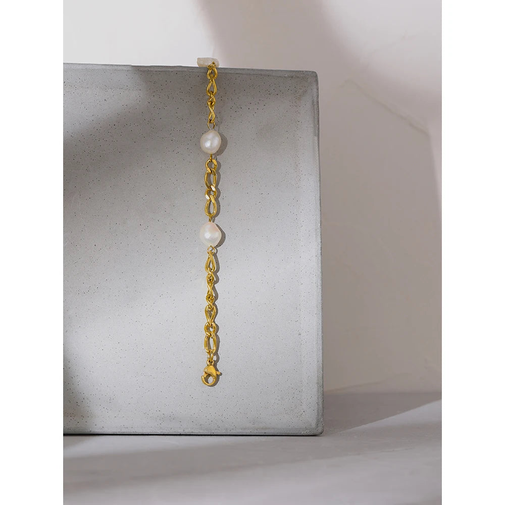 Yhpup Elegant Natural Pearl Chain Bracelet Stainless Steel Fashion Jewelry Exquisite 18 K Metal Women Accessories Waterproof