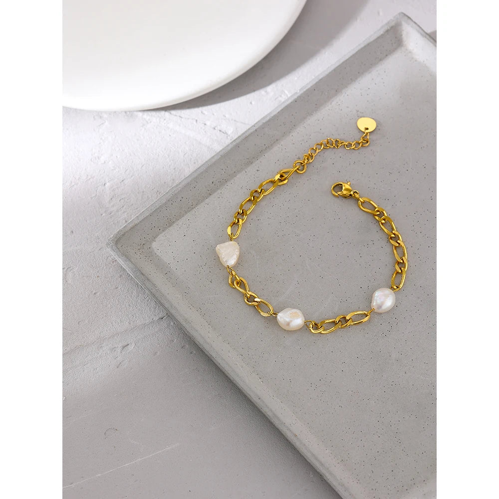 Yhpup Elegant Natural Pearl Chain Bracelet Stainless Steel Fashion Jewelry Exquisite 18 K Metal Women Accessories Waterproof
