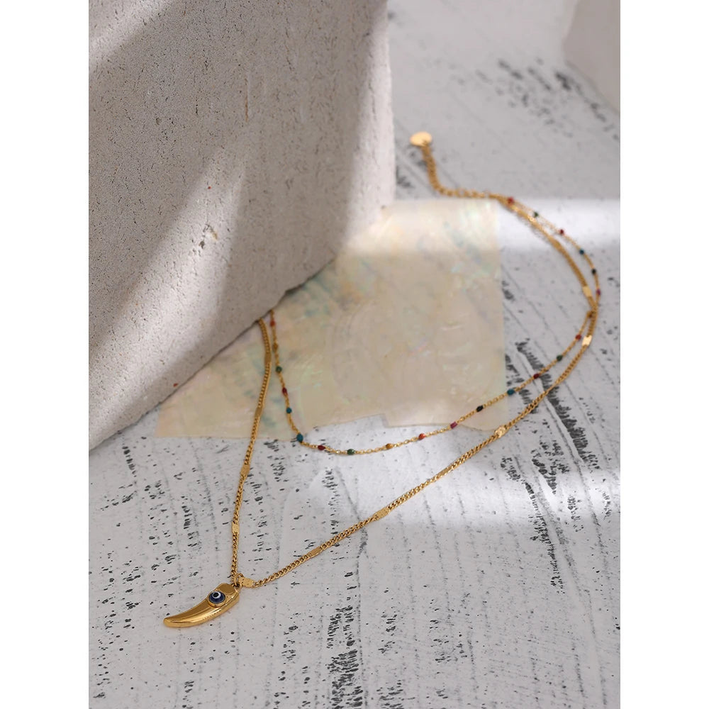 Yhpup Stainless Steel Horns Pendant Necklace Exquisite Colorful Enamel Double Layered Temperament Jewelry Collar Party Gift