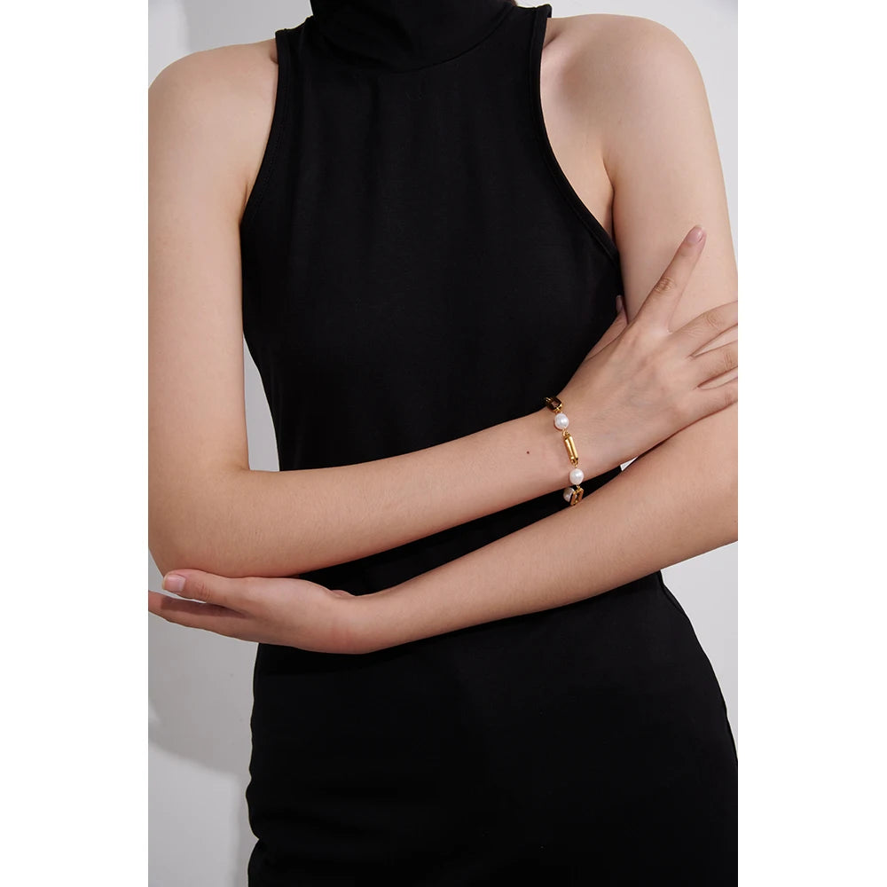 Yhpup Stainless Steel Chain Bracelet Elegant Natural Pearl Jewelry Metal Waterproof браслеты женские Accessories Girls Gift