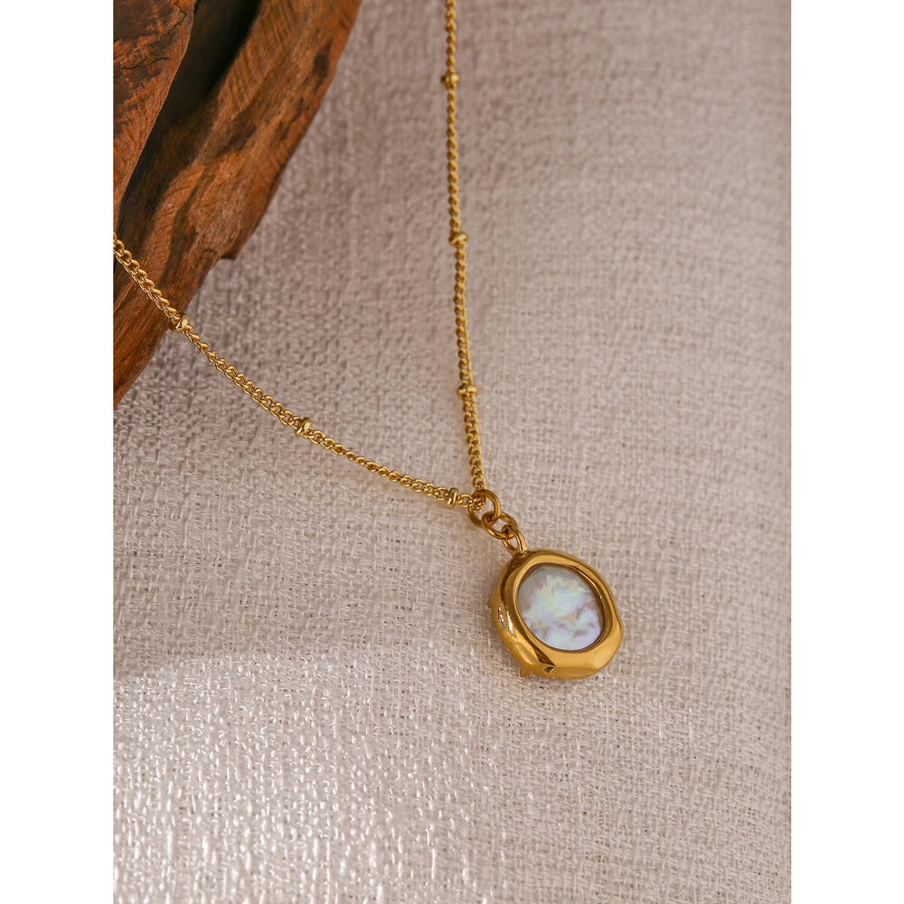 Yhpup Stainless Steel Exquisite Natural Pearl Pendant Necklace for Women High Quality 18 K Chain Choker Fashion Jewelry Party