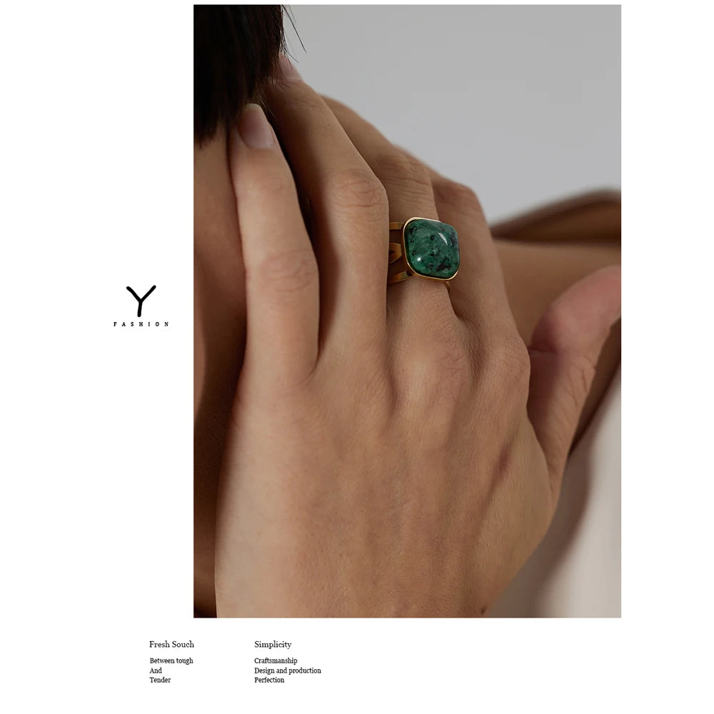 Yhpup Green African Turquoise Ring Stainless Steel Jewelry for Women Charm Metal Opening Finger Ring кольцо женское Gift New