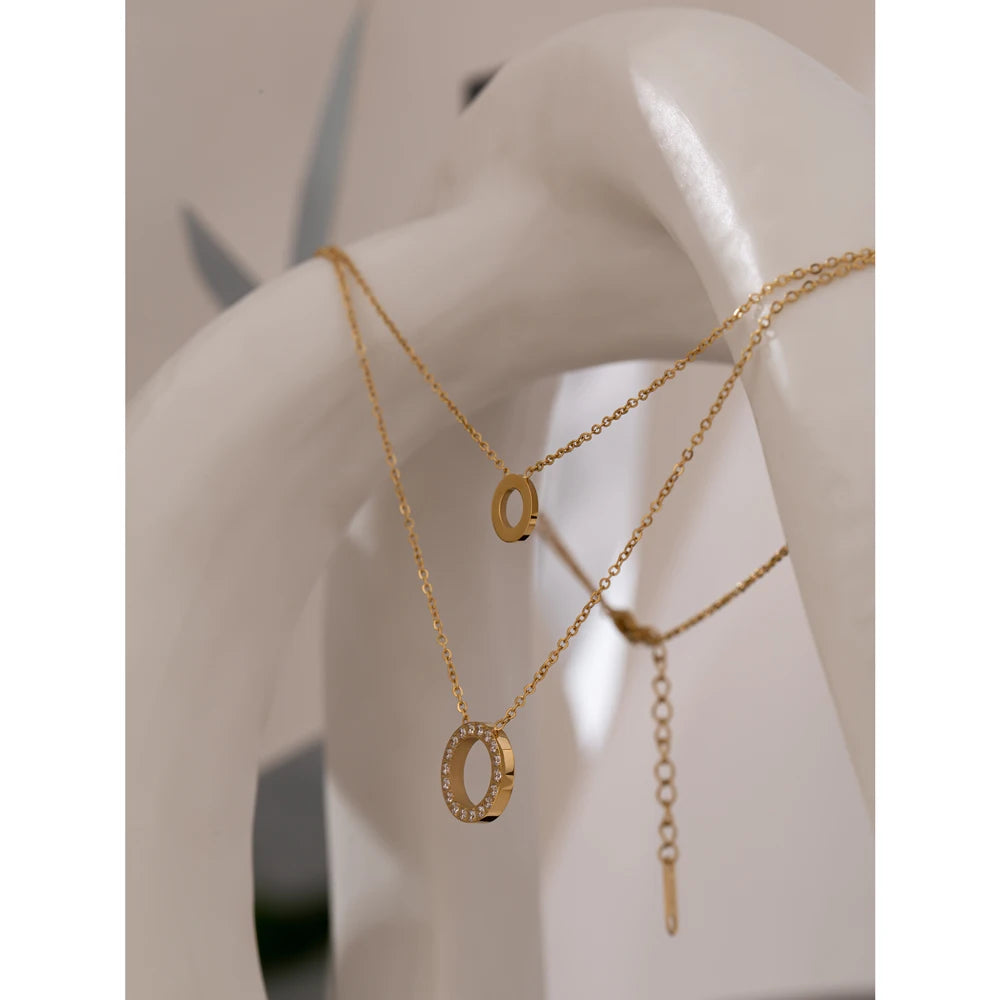 Yhpup New Stainless Steel брелок Exquisite Round Hollow Layered Chain Necklace Delicate Shiny Cubic Zirconia Choker Necklace