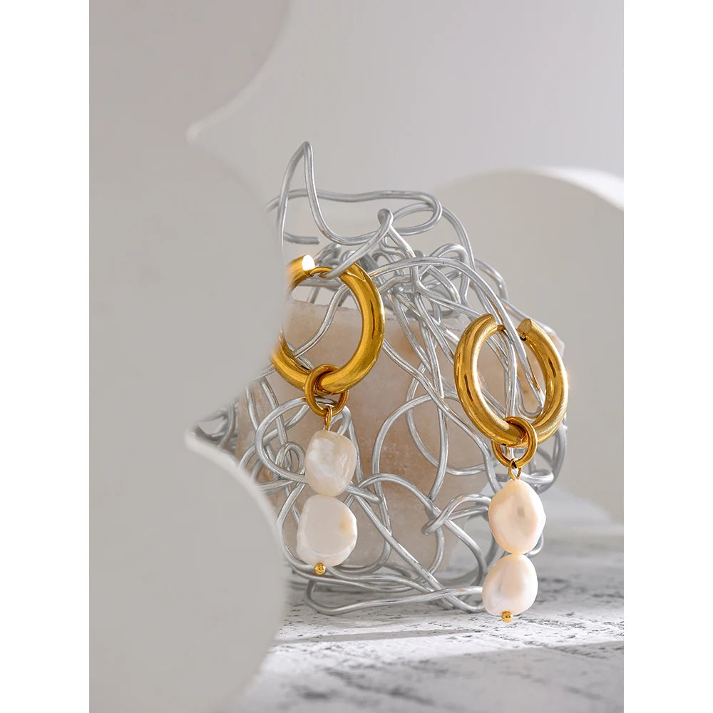 Yhpup Stainless Steel Natural Pearl Hoop Earrings Charm Metal Texture Geometric Fashion Jewelry украшения бижутерия Gift