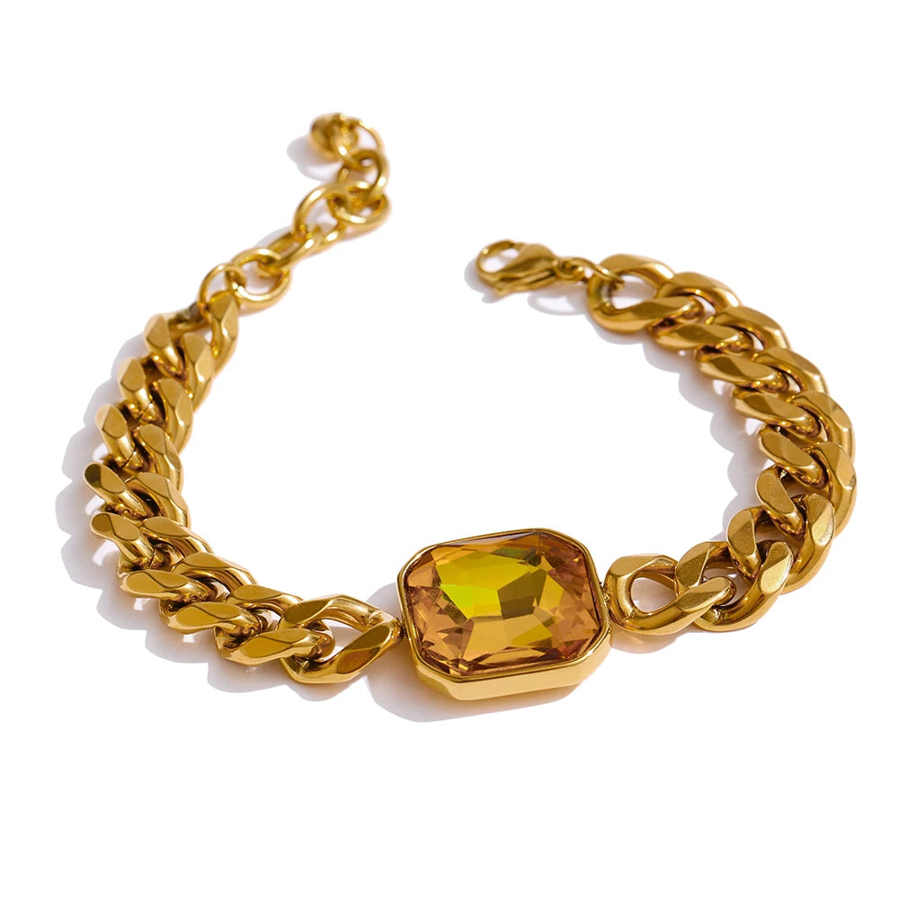 Yhpup Green Crystal Stainless Steel Gold Bracelets Bangle for Women Hip Hop Thick Chain18 K Plated Punk Fashion Bracelets New