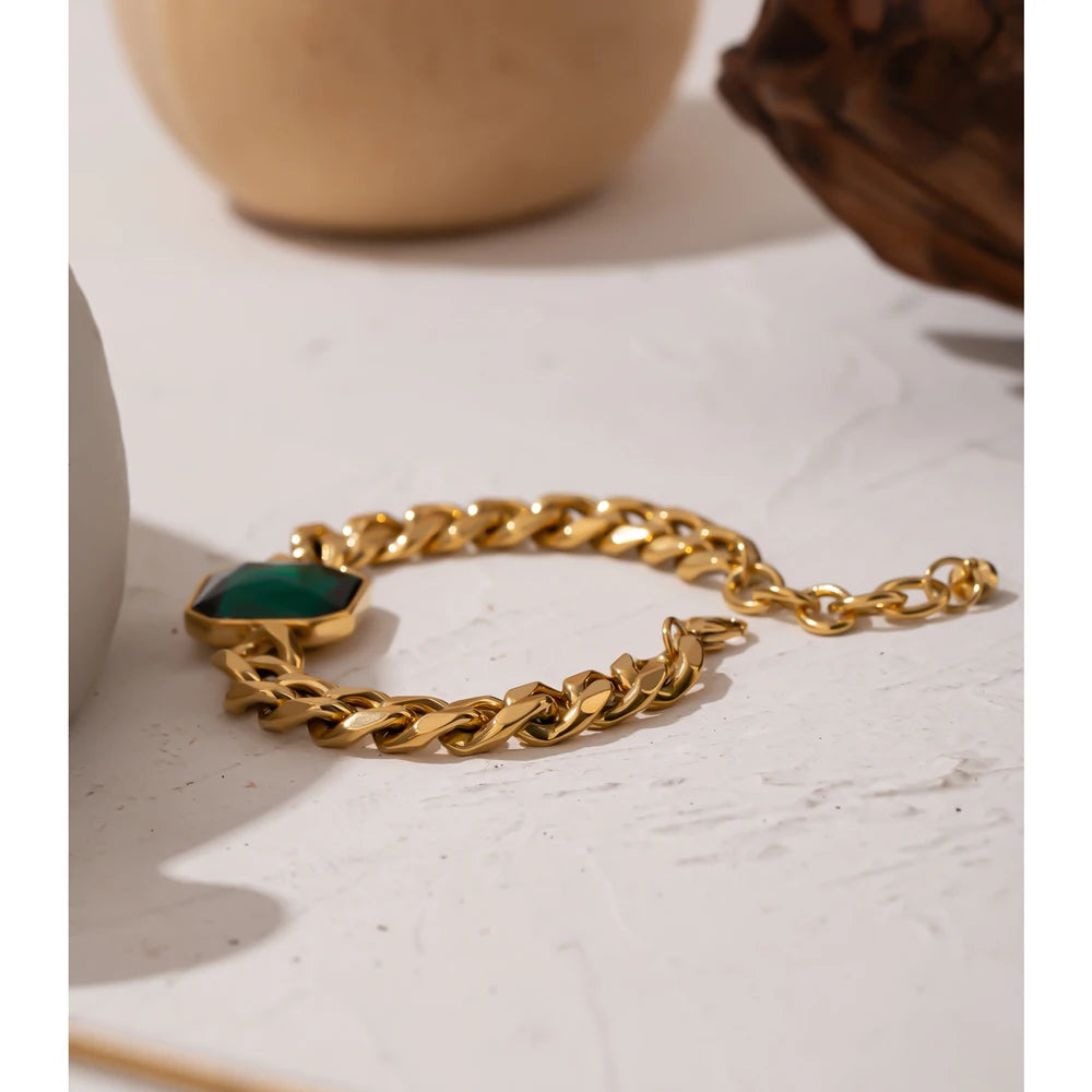 Yhpup Green Crystal Stainless Steel Gold Bracelets Bangle for Women Hip Hop Thick Chain18 K Plated Punk Fashion Bracelets New