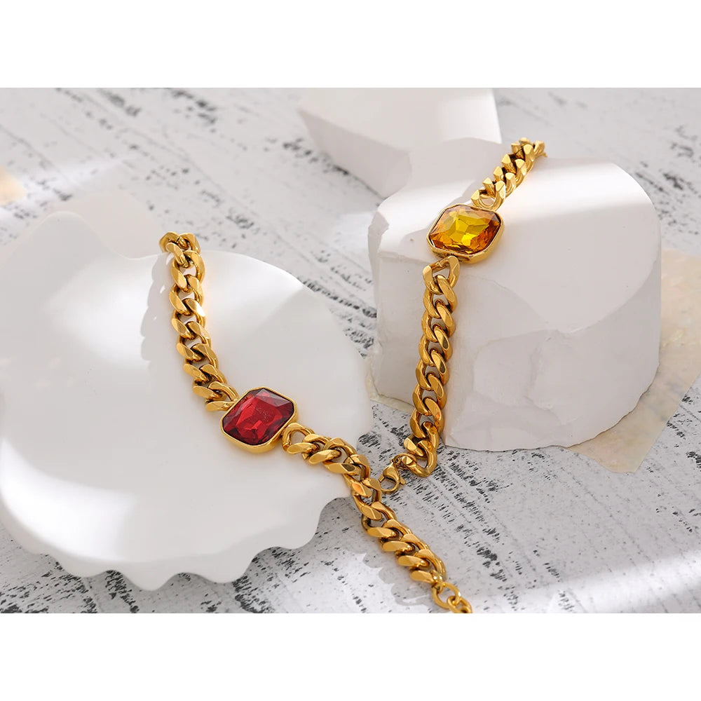 Yhpup Stainless Steel Red Cubic Zirconia Chain Bangle Bracelet for Women Heavy Metal Golden 18 K Bracelet Bijoux Femme Gift