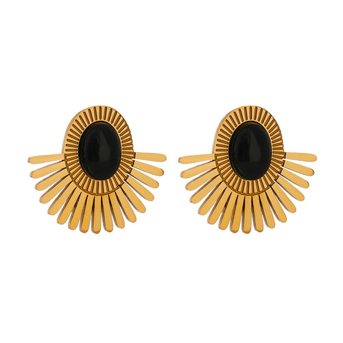 Yhpup Stainless Steel Black Stone Ear Clip Earrings Statement Golden Metal Sun Flower Earrings for Women Bijoux Femme Gala Gift