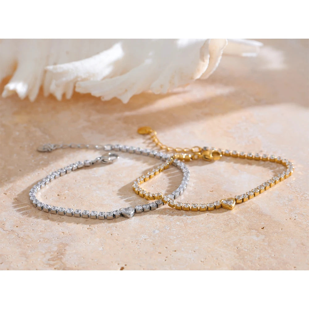 Yhpup Delicate Bling Cubic Zirconia Heart Chain Bracelet Bangle Exquisite Stainless Steel Shiny Waterproof Wrist Jewelry Gift