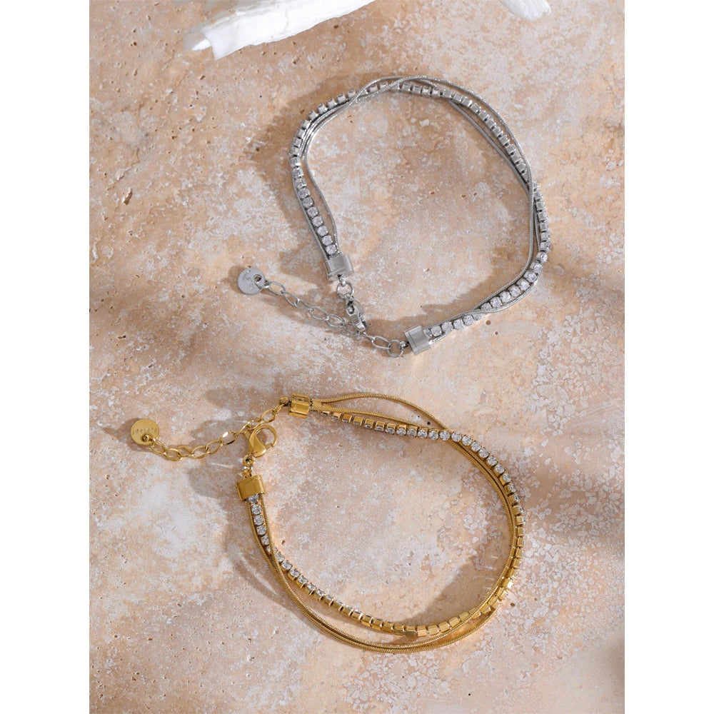 Yhpup Stainless Steel Shiny Cubic Zirconia Layered Chain Stacking Bracelet Bangle Waterproof Women High Quality Fashion Jewelry